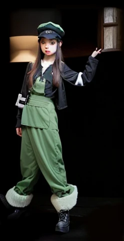 realistic girl, hat bucket, black and green outfit