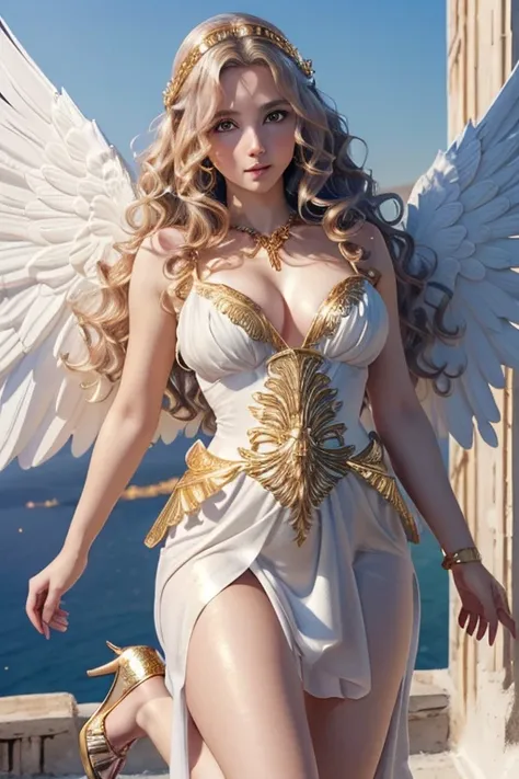 photo realistic, beautiful noble angel,  female,  (((wearing white-gold greek dress, large wings, high heels))), (((wavy hair, small bust, narrow waist, beautiful legs))), (((looking at viewer, blushing cheek, pov ))), against sun, highly detailed, realist...