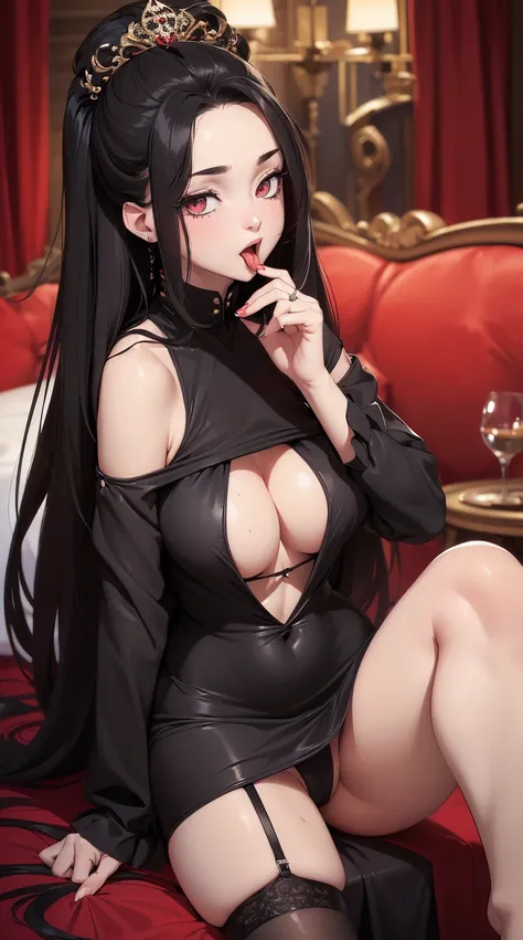 (tmasterpiece, quality, Best quality at best, offcial art, Beautiful and beautiful:1.2)messy long hair，Refined face，Be red in the face，black rabbit dress up，onesie，Open navel，blackstockings，In the room，onbed，Sexy figure，wetclothes，Open-mouthed，Stick out yo...