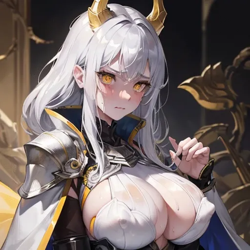 depth of field, focus_on_face, wet skin, embarrassed, 1girl, yellow eyes, (anger), gold horns, (silver armor), metal, complex pattern, corner, cape, indifference, huge breast, full body, blushing, sweating, nervous, silver hair, pale skin, exposed nipples