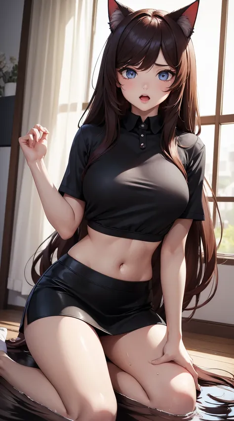 (tmasterpiece, quality, Best quality at best, offcial art, Beautiful and beautiful:1.2)messy long hair，Refined face，Be red in the face，cat ear，Open navel，blackstockingeds，Knelt，Wet water shirt，short  skirt，Open-mouthed，Sexy expressions