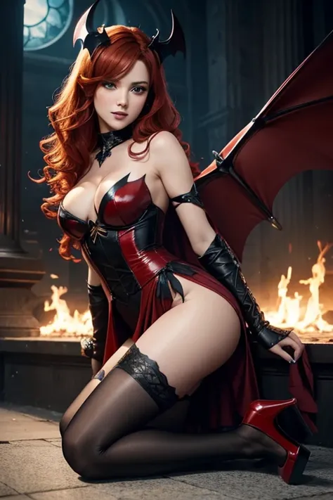 photo realistic, beautiful evil devil,  female,  (((wearing scarlet-black greek dress, large bat wings, high heels))), (((wavy ginger, small bust, narrow waist, beautiful legs))), (((looking at viewer, blushing cheek))), against fire flame, highly detailed...