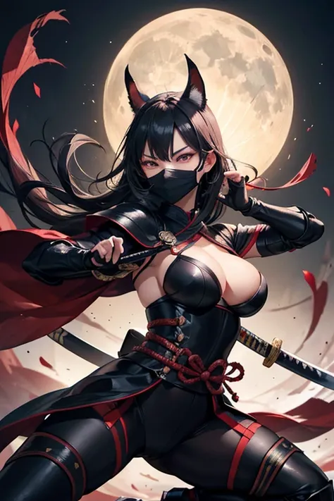 oriental ninja woman, detailed eyes and face, beautiful detailed lips, long eyelashes, leather armour, mask, big breasts, slender figure, agile movements, katana sword, throwing stars, ninja tools, moonlit night, bamboo forest, mysterious atmosphere, dark ...