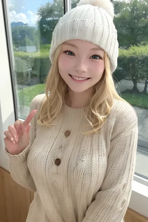 女の子1人、a blond、a picture、逼真、top-quality、adopt、A detailed face、jump out the window、细致背景、diffuse sunlight、depth of fields、Waving to the camera、lovely smile、huge smile、Wearing a knitted hat