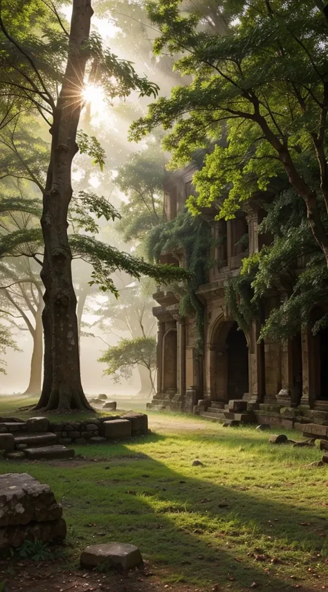 Showcasing an ancient forest and ancient ruins in the morning mist。The morning sun shines through the leaves，sprinkled on ancient stones，It creates a mysterious and tranquil atmosphere。