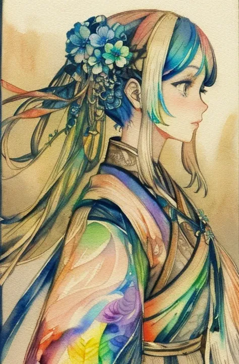 Antique beauty，ink and watercolor painting，Rainbow-colored hair，Pick dyeinulti-colored hair