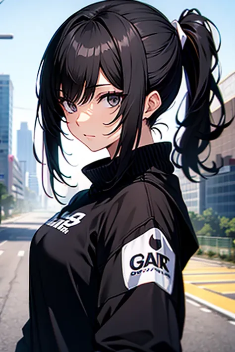 girl, black hair , pony tail , black eyes