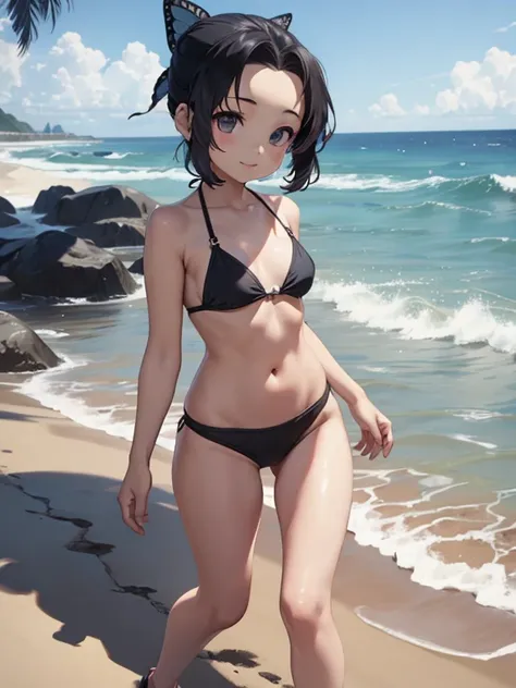 short stature, compact body, petite limbs, small hands and feet, adorable appearance, black bikini,