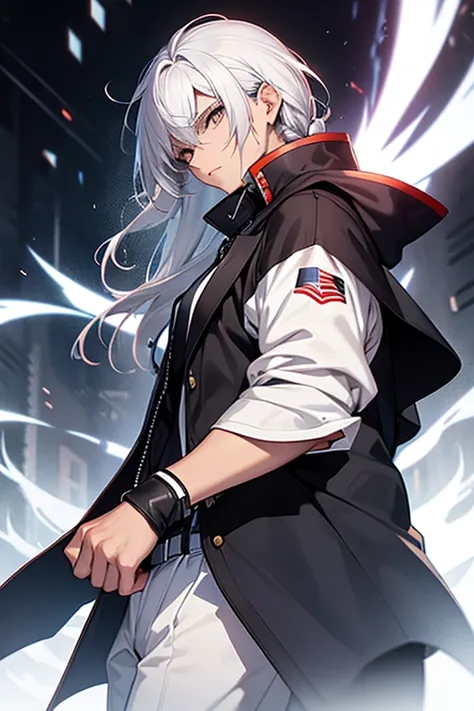 man , silver hair , white eyes , black cloak, white aura ,Martial arts uniform, black trousers