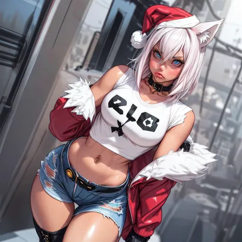 Single boy, Anime female, Short, Long white hair, wolf ears, wolf tail, blue eyes, wearing short denim shorts, thigh high fishnets, black combat boots, wearing fur lined open pink jacket, flat chest, super flat chest, wearing cropped t-shirt, solo  thicc t...