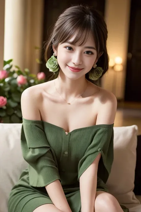 1 girl,  Solo, {Beautiful and detailed eyes}, Large breasts, Calm expression,, Hair blown in the breeze, Delicate facial features, Blunt bangs, Beautiful Korean Girl, Smile in the eyes, very small earrings, (wearing long green party、green roses were bloomi...