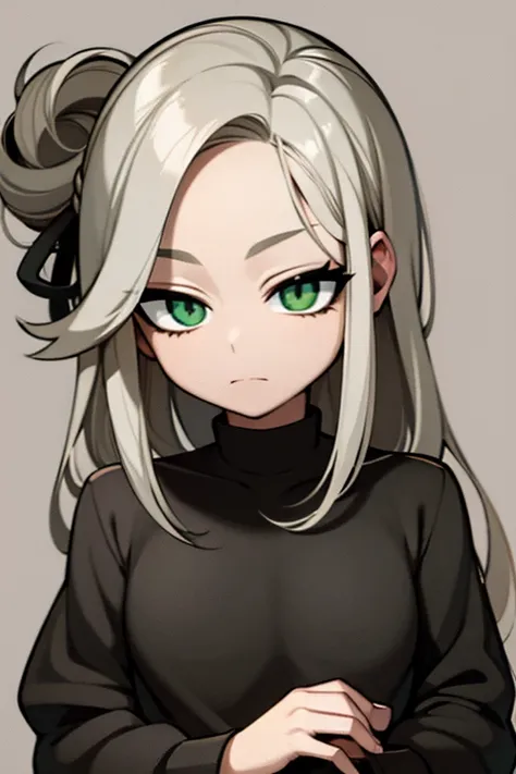 A gray haired girl with green eyes is holding a skull