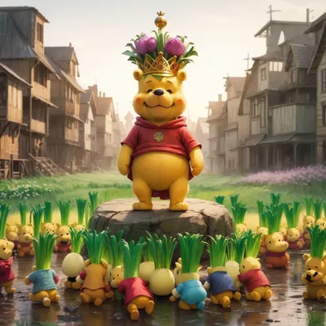 Winnie the Pooh stands in the middle with a crown on his head, surrounded by many kneeling leeks，Winnie the Pooh with a crown on his head standing in the leek field