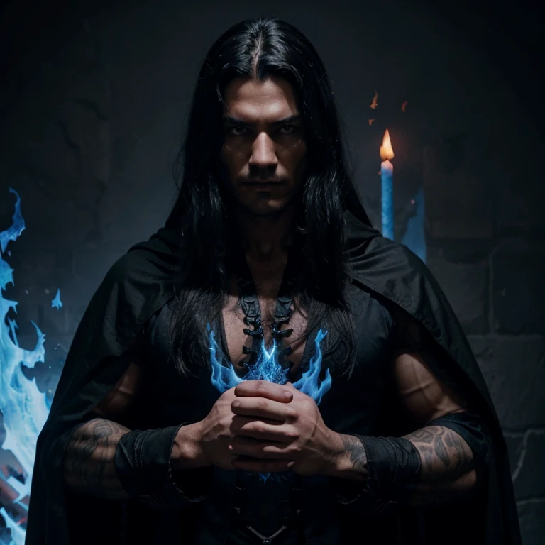 dark muscular male evil lord with long black hair wearing black and red cloak e throwing blue flames from his hands, magic, magician, blue flames, blue fire