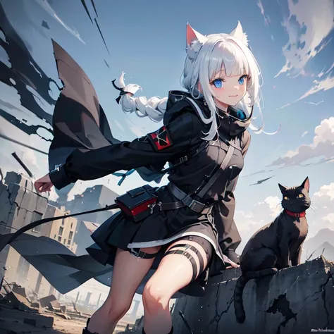 masterpiece, best quality, 1girl, hood up, cat-ear hood, white hair, blue eyes, french braid, blunt bangs, military black wear, apocalyptic world, ruined city, wilderness, high ground, wind, dynamic angle and pose, smile,