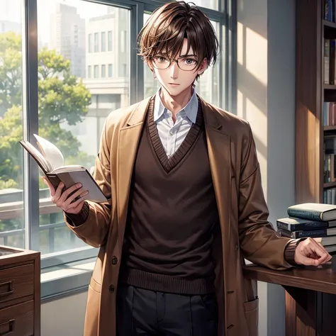 With transparent background、A tall man with short brown hair wearing a cardigan and holding a book.