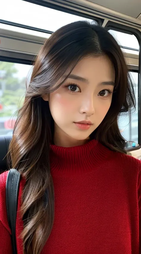 A woman wearing a red turtleneck sweater