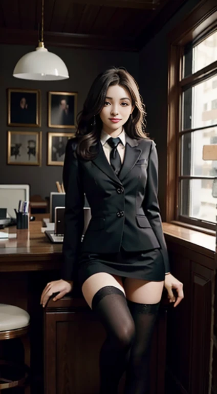 Best Quality, Full Body Portrait, Cinematic Texture Shot, Exquisite Face, Beautiful Face, 20 Year Old Woman, Smiling, Slim Figure, Small Bust, OL Uniform, Office Wear, Black Stockings, Interior Scene, Office, Seated