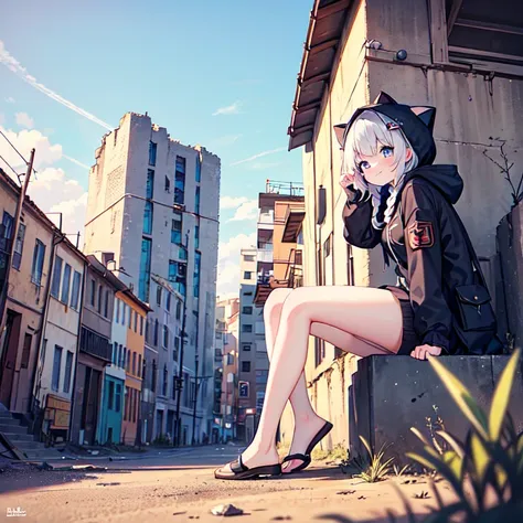 masterpiece, best quality, 1girl, hood up, cat-ear hood, white hair, blue eyes, french braid, blunt bangs, military black wear, apocalyptic world, ruined city, wilderness, high ground, wind, dynamic angle and pose, smile,