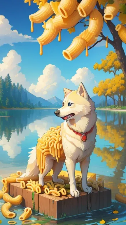 (masterpiece, best quality:1.1), (macaroni, cheese:1.25), outdoors, bird sanctuary, husky dog, nature, serene, tree, lake, playground watching, plant, flower, petal, serene, beautiful, no humans