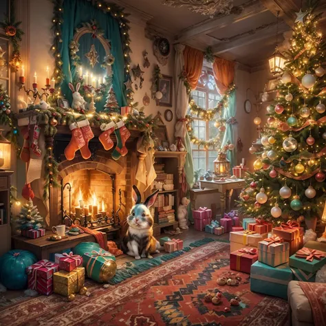 (photorealistic:1.2),ultra-detailed,Christmas, Alice in Wonderland style, living room, cozy atmosphere,chimney,decorated Christmas tree,presents,ornaments,fireplace,magical,tea set,playing cards furniture,enchanted lighting,vivid colors,mysterious,rabbit h...