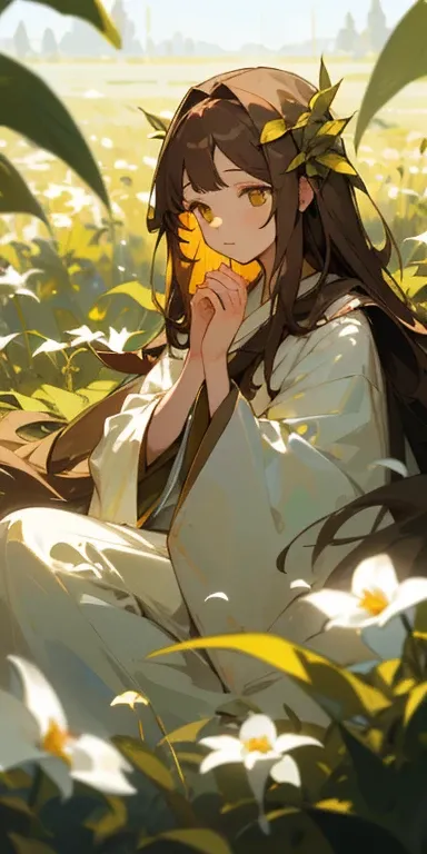 (​masterpiece、top-quality)、One girl with long brown hair sits in a field of green plants and flowers、Golden eyes、Put your hands under your chin、Warm lighting、robe blanche、blurred foreground