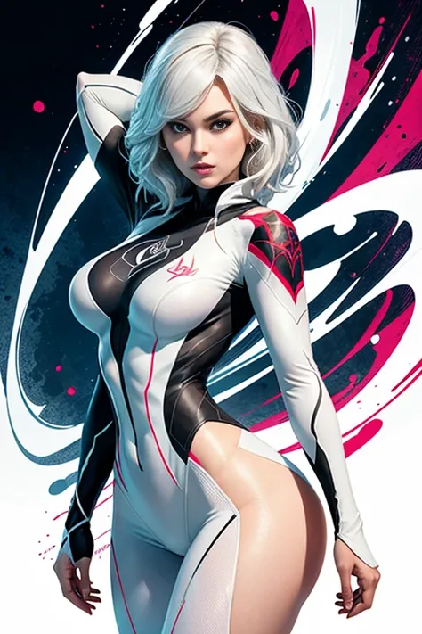 spider gwen, Hot, partial , hightquality, Dynamic Poses, Beautiful, Gorgeous, In love, White hair, Short suit, spider in a suit, white black red suit、Elisha Cuthbert