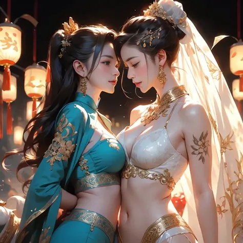 Two girls having close contact, 情侣Full body photo, Goddess girl, gorgeous one, splash起来, butterflys, Smooth pen and ink, lunar goddess, Whole body diagram，Detailed faces, (Upper part of the body: 1.4), (the underwear is transparent: 1.3), Golden decoration...