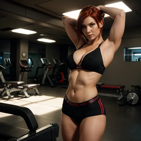 Red head femshep flexing biceps, pose, working out, athletic, mass effect