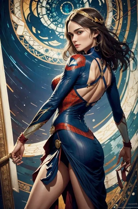 keira knightley、Sticking out the navel、newyork、She wears a torn Spider-Man suit,wearing skirt、abstract photorealistic、artistic、Alphonse Muchas painting(​masterpiece、top-quality、hight resolution:1.4)、detaileds、複雑なdetaileds、4K、color splashes、line-drawing、Fib...