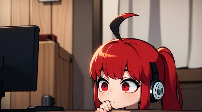 A red haired female gamer with red eyes is playing on her computer while eating a pocky stick with rabbit headphones.