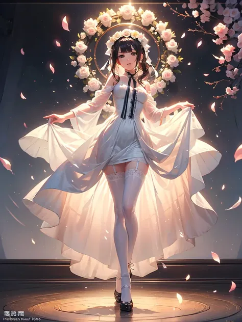 8k，Best quality at best，tmasterpiece，超高分辨率，(𝓡𝓸𝓶𝓪𝓷𝓽𝓲𝓬:1.4)，A cute loli，one-girl，Wearing a Lolita suit，Hands wearing white silk gloves，Wears a white garland on his head，Wear white stockings on the legarefoot，Long hair，Long hair shawl，is dancing，Consistent wi...