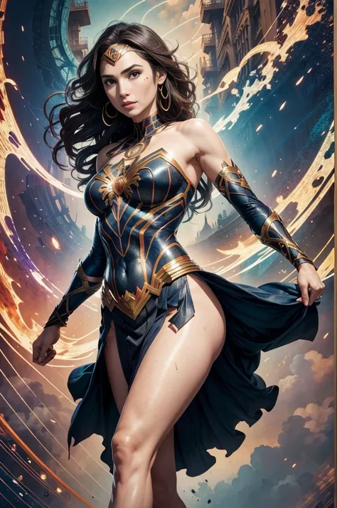 Gal Gadot、Sticking out the navel、newyork、She wears a torn Spider-Man suit,wearing skirt、abstract photorealistic、artistic、Alphonse Muchas painting(​masterpiece、top-quality、hight resolution:1.4)、detaileds、複雑なdetaileds、4K、color splashes、line-drawing、Fibonacci...