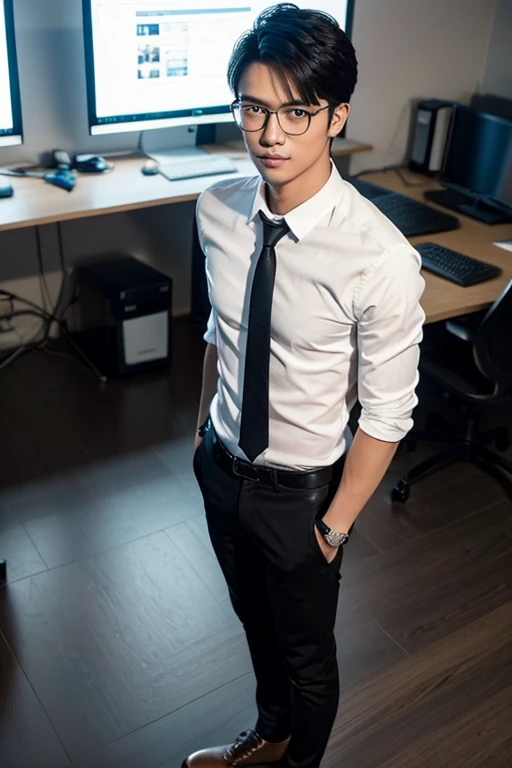 Head-to-toe image of a handsome, 18-year-old Asian man, black hair, light smile, wearing glasses, wearing a white shirt, black pants, and black leather shoes, standing on the floor with a work desk in an office, depth of field, cinematic lighting, Ultra-Wi...