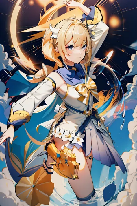 Anime girl with a golden headdress with horns and a sword, anime goddess, ayaka Genshin impact, ayaka game Genshin impact, knights of zodiac girl, portrait knights of zodiac girl, the goddess artemis smirking, Trending on ArtStation pixiv, keqing from Gens...