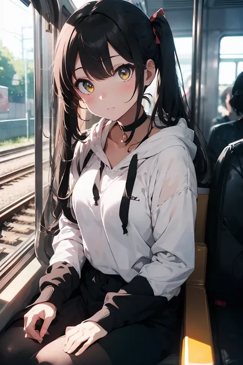 (masterpiece, best quality, 4k, insane details, illustration, 1girl), long black hair, long twintails, cute hair pins, yellow eyes, choker, long black hoodie, naked legs, exposed legs, oversize clothes, sitting inside a train, leaning on the train window, ...