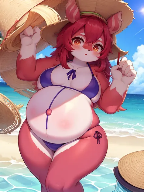 可爱的Bigchest，plum，Bigchest，Bikini swimsuit，red colored skin，Bigchest，red tinted hair，Pregnant tummy，straw hat