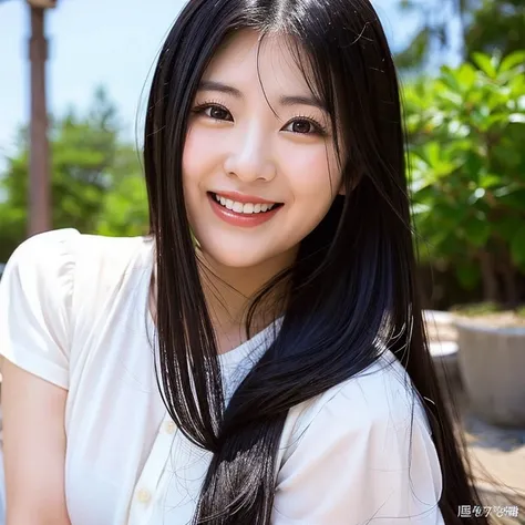 Japan woman in her early 20s。With long hair、Straight black hair。big black eyes and long eyelashes。Plump cheeks。With smiling eyes、give a cute impression。I actually like blowjobs。