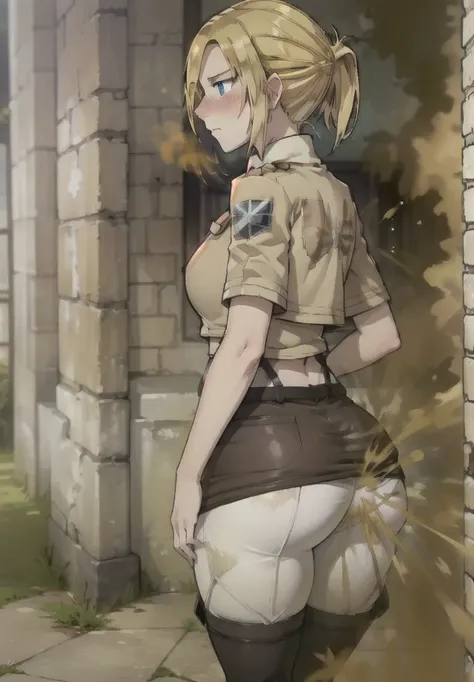 ((annie leonhart)),((velocity)),Attacked by farts, (((Women stand)),annoyed,velocity,((classic town)),((One Woman)),((fart while stand),her butt facing screen,fullbody,blue eye,detailed eyes,blushing)),(​masterpiece:1.2、top-quality)、(the Extremely Detailed...