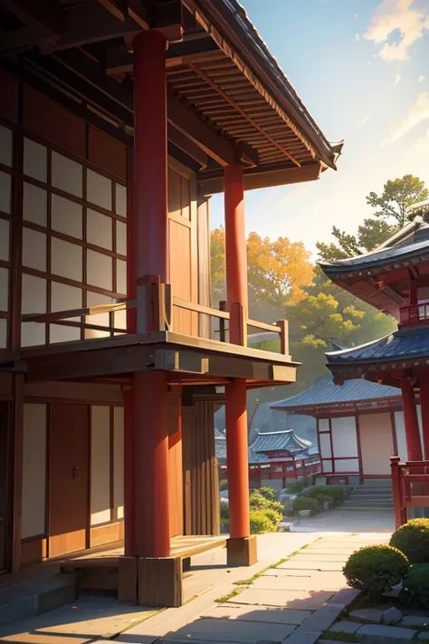 In front of the building, there is a red bench, Japanese temple, Zen temple background, temple setting, Japanese temple, ancient Japanese architecture, Japanese architecture, inspired by Ito Jakuchu, pointed wooden roof, roof background, Japanese house, Ja...