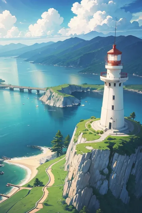 A lighthouse on a cliff overlooking a lake, Anime landscapes, Anime countryside landscape, beautiful anime scenery, anime scene, beautiful anime scenes, Anime landscapes, anime backgrounds, Small town background, Anime landscapes概念艺术, anime backgrounds艺术, ...