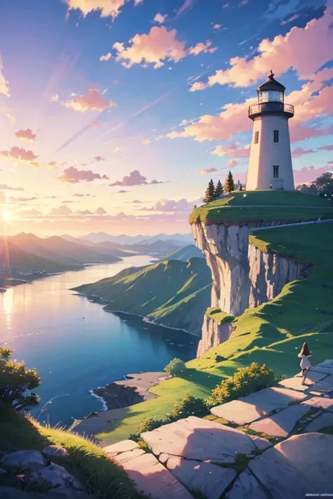 A cartoon scene overlooking a lake on a cliff with a lighthouse, anime landscape, anime countryside scenery, a beautifully animated scene with a touch of tranquility, anime landscape, beautiful anime scenery, anime landscape, anime background, small town b...