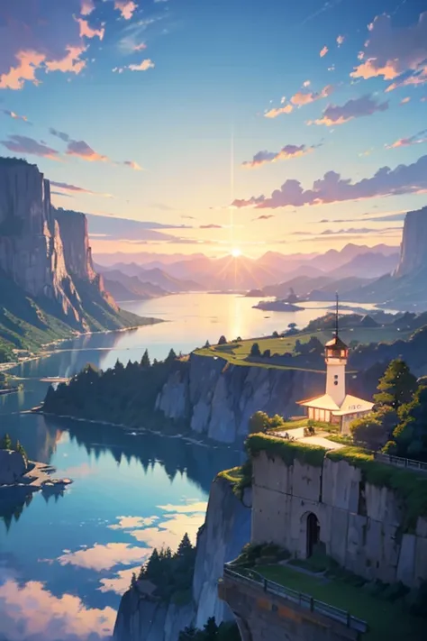 A cartoon scene overlooking a lake on a cliff with a lighthouse, anime landscape, anime countryside scenery, a beautifully animated scene with a touch of tranquility, anime landscape, beautiful anime scenery, anime landscape, anime background, small town b...