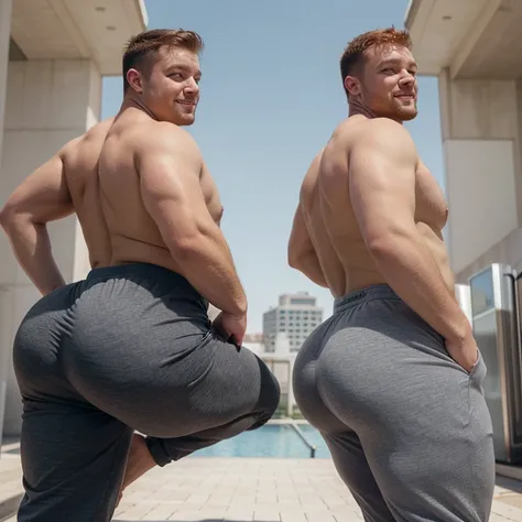 Two Males, rubbing their fat butts together, redhead, shirtless, fat ass, grey sweatpants, tight pants, muscular ass, huge butt, comically large butt, big butt, fat man booty, man, short hair, looking back at camera, smiling, big fat booty, rubbing ass, bu...