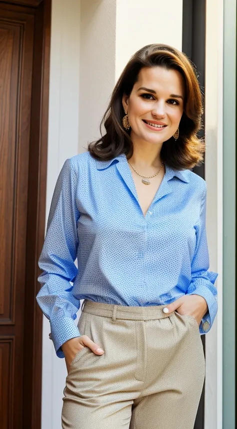 smiling woman with brown hair and earrings on a city street, wearing a patterned blouse and white slacks, middle aged, slightly aged skin, chubby, mother, housewife, aged face, this person does not exist, irene jacob-carla gugino-kate mulgrew-patsy cline-e...