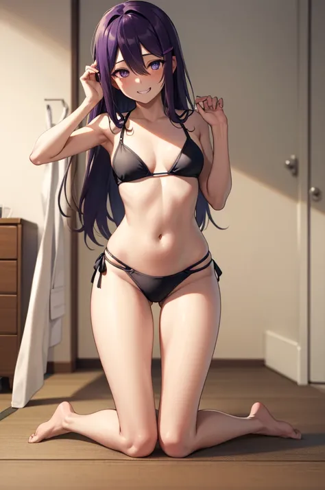 ((full body:1.4)), ddlcyuri, ddlcyuri, hair ornament, hairclip, long hair, (purple eyes:1.1), purple hair, grin, smile, hair over eyes, ((kneeling:1.4)), ((black bikini:1.4)), ((medium breasts:1.4)),
BREAK looking at viewer, BREAK indoors, livingroom backg...