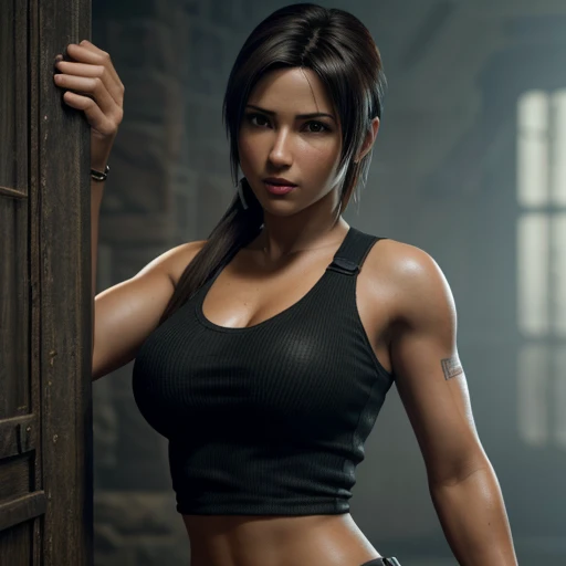 tifa lockheart and Lara Croft,  (skin texture:1.1), (high detail face:1.1), high detail body, high detail clotheasterpiece), (realistic), ultra high definition, 4k, ultra high resolution, photo by Arny Freytag