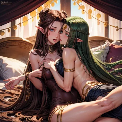 Medusa gorgon kissing female with brown hair and grabbing her thighs pulling her closer on a bed.