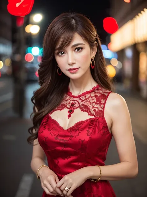 8K, Raw photo, Fuji Film, Style photo of beautiful 45 year old woman, Square face, Red roses on the neck, Wearing red and black lace dress, Golden earrings, Powerful features like a spinning pigeon, (highly detailedskin: 1.2), Medium brown hair with lights...