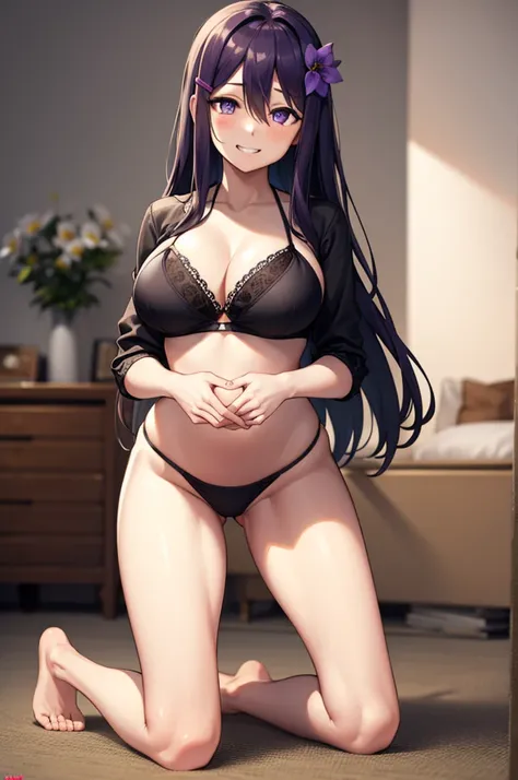 ((full body:1.4)), ddlcyuri, ddlcyuri, hair ornament, hairclip, long hair, (purple eyes:1.1), purple hair, grin, smile, hair over eyes, ((kneeling:1.4)), ((black bikini with flowers:1.4)), ((big breasts:1.4)),
BREAK looking at viewer, BREAK indoors, living...